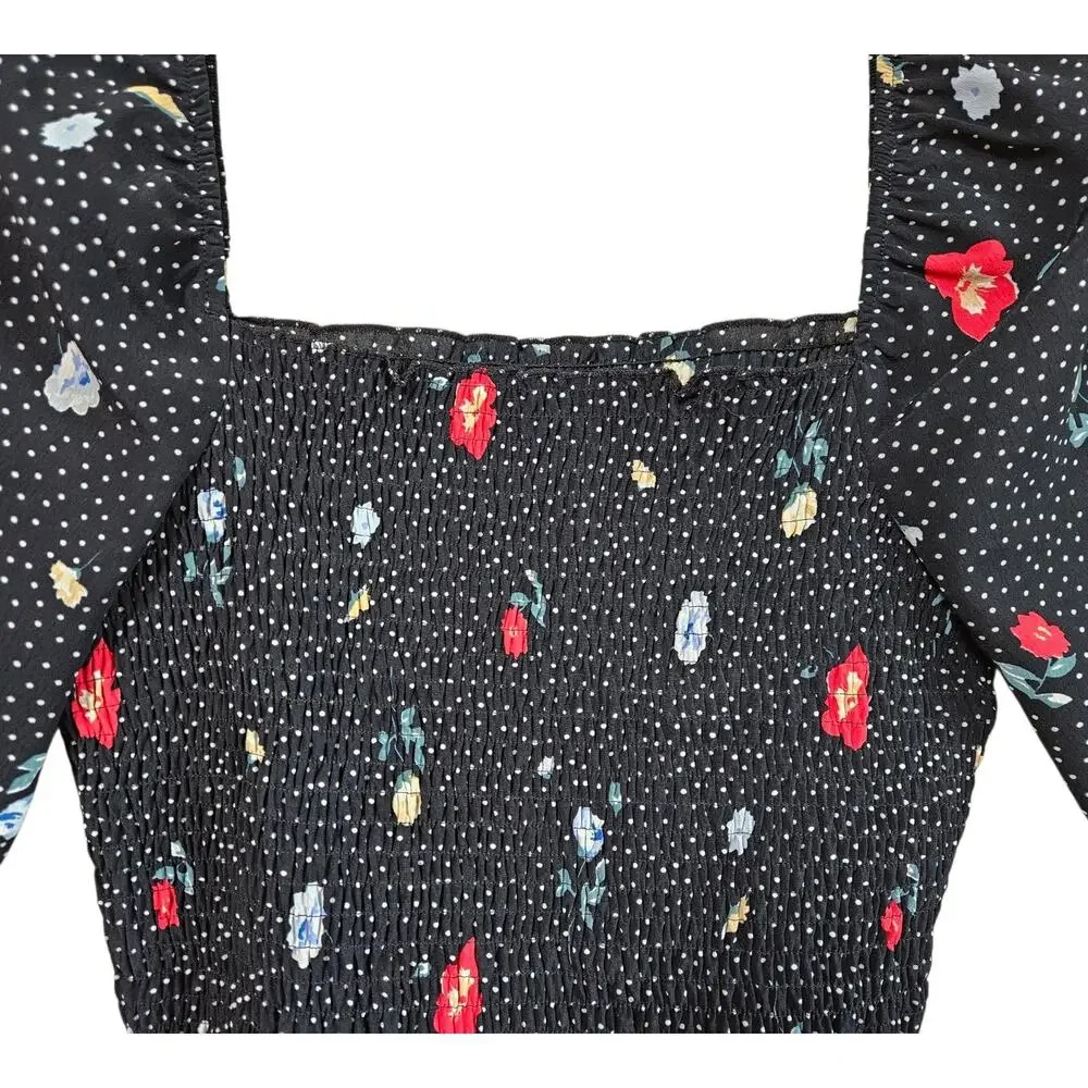 ABERCROMBIE & FITCH Women's S Smocked Peasant Blouse Polka Dots Flowers Cropped